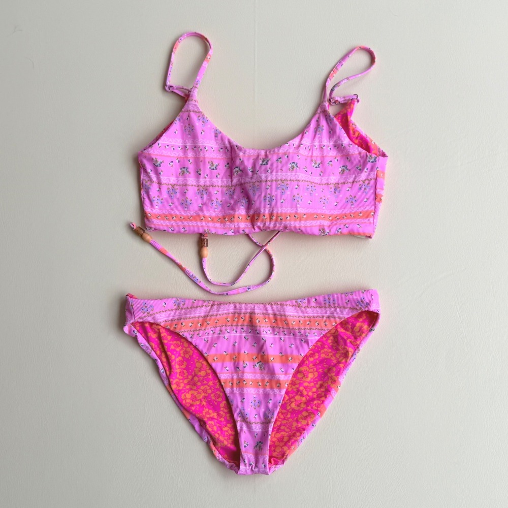 Maaji Reversible Bikini Set Pink Floral Stripe Ribbed Lace Up Two Piece Large